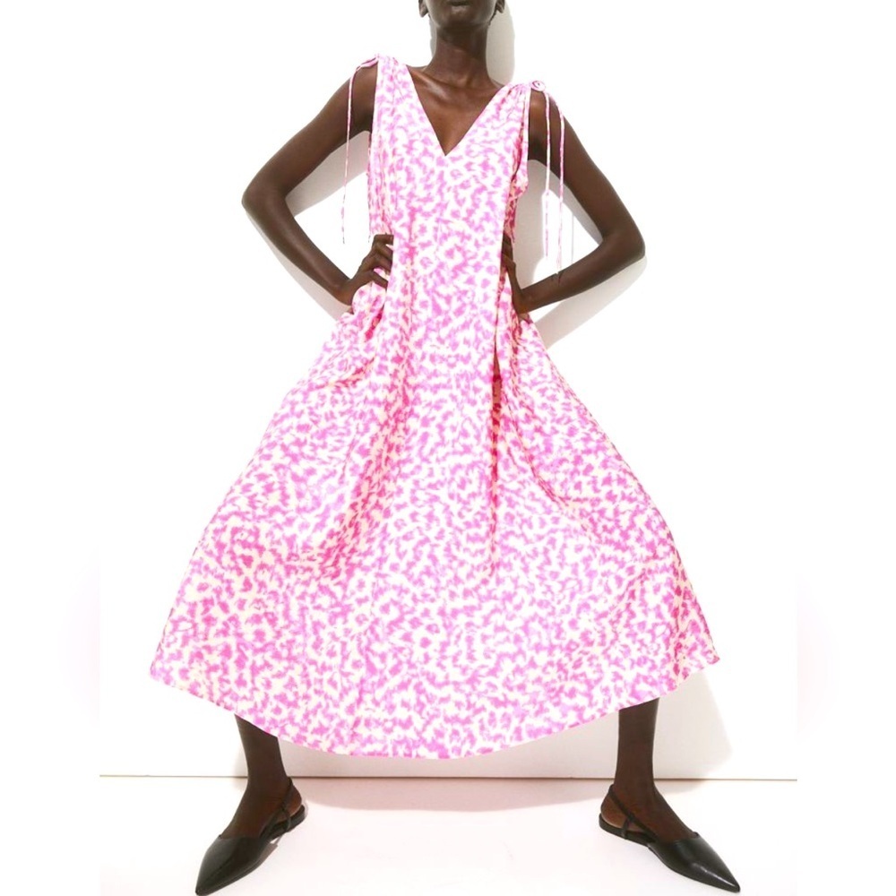 h&m tie detailed crepe v neck Maxi dress Pink Cream Loose Fit S/M - Picture 2 of 14